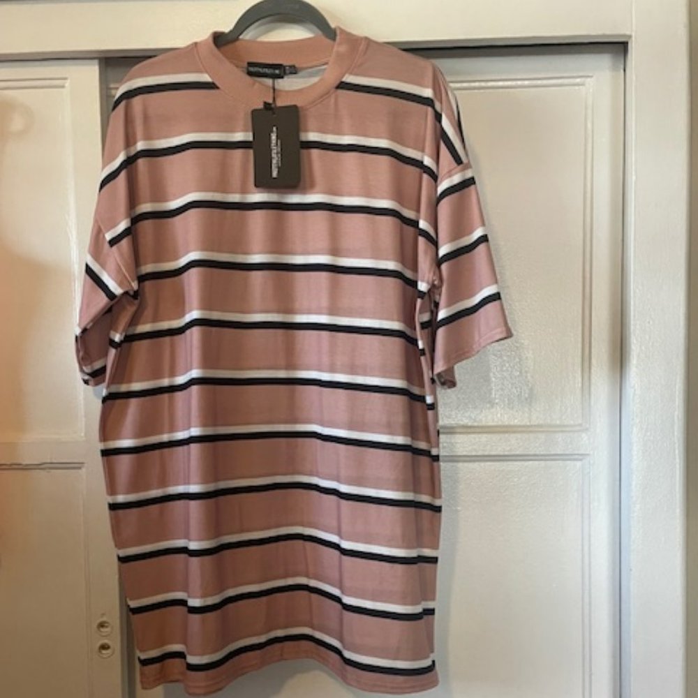 Dusty Rose Pink Striped Oversized Boyfriend Tee Mini Dress Size 6 NWT Lagenlook